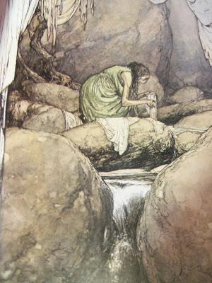 illustration of a woman washing clothes in a river